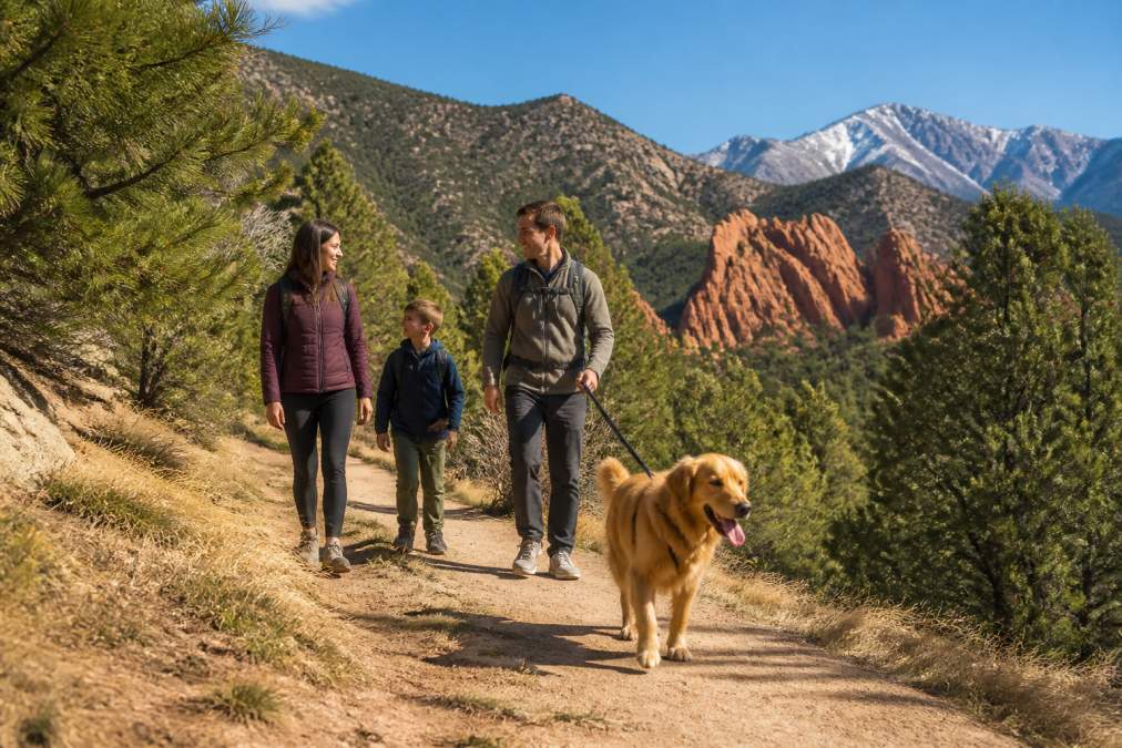 A family hiking on a scenic Colorado Springs trail with their golden retriever on a leash, surrounded by red rock formations and pine trees, blue sky visible above the ridge line