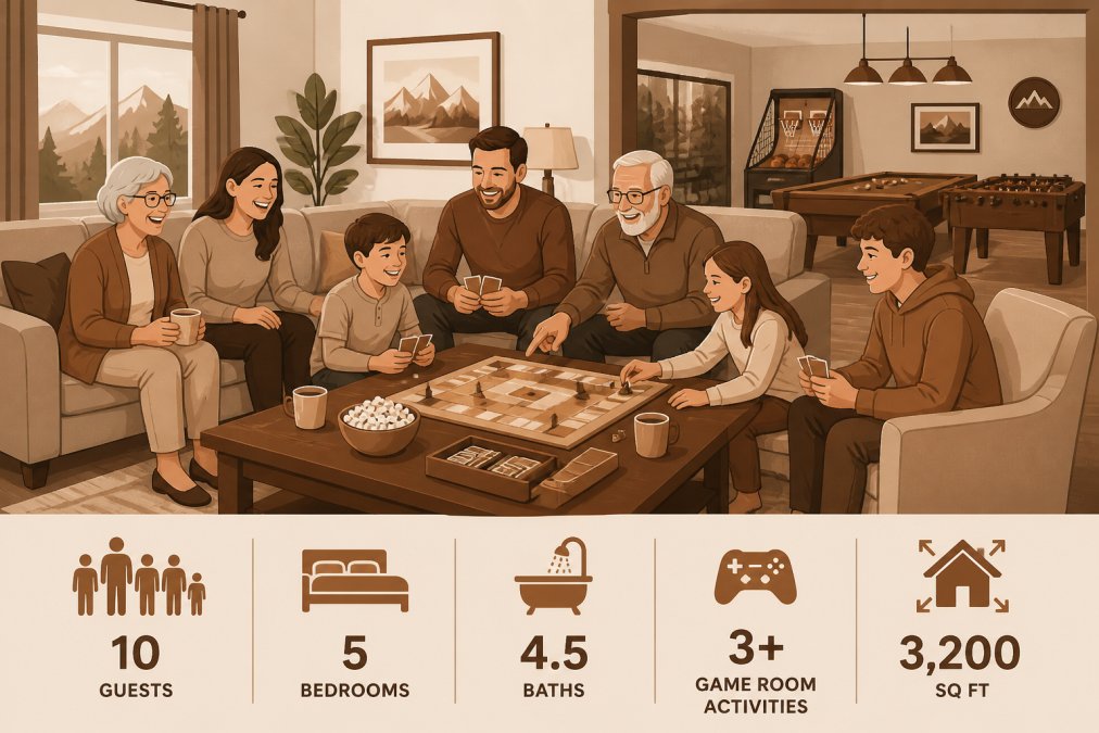 Multigenerational family enjoying time together in spacious vacation rental living room with comfortable seating, board games on coffee table, and game room visible in background