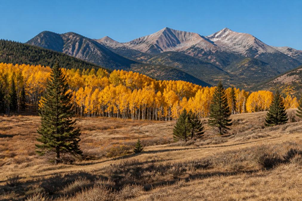 Scenic Colorado mountain landscape during autumn with golden aspen trees, peaceful meadows, and minimal crowds under clear blue sky