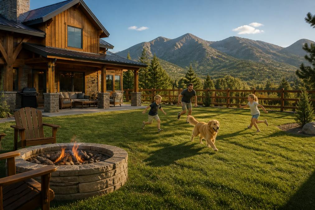 Exterior view of a rustic yet modern family-friendly cabin with a large private fenced yard where a family with two children and an energetic golden retriever play together, with a fire pit and patio seating visible, mountain views in the background, golden afternoon sunlight