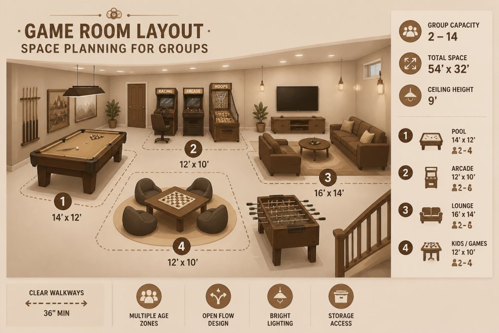 Wide-angle view of a large vacation home game room with multiple recreational zones including a pool table, arcade machines, comfortable seating areas arranged for different age groups, and bright overhead lighting creating distinct activity spaces