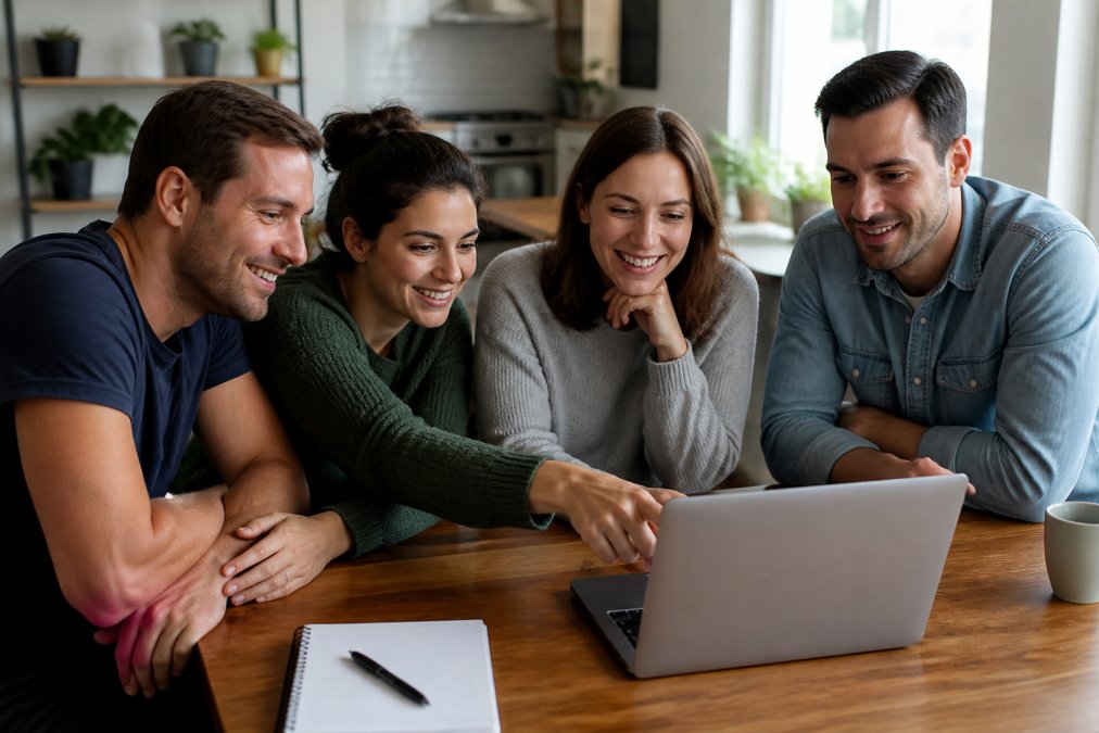 A group of friends or family members reviewing a vacation rental listing on a laptop together, pointing at the screen, with a notepad and pen nearby for planning details, natural office lighting