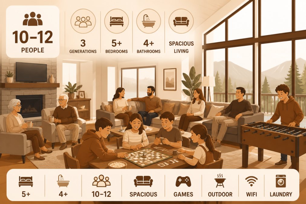 A multi-generational family of 10-12 people gathered in a spacious living room with comfortable seating, kids playing board games at a table, adults relaxing on couches, bright natural lighting from large windows