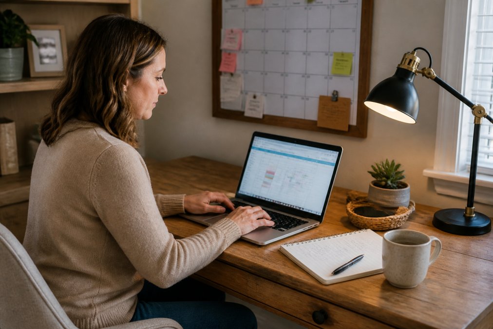 Property manager reviewing booking data and guest messages on a laptop in a home office, with a calendar and notes visible, warm desk lamp lighting