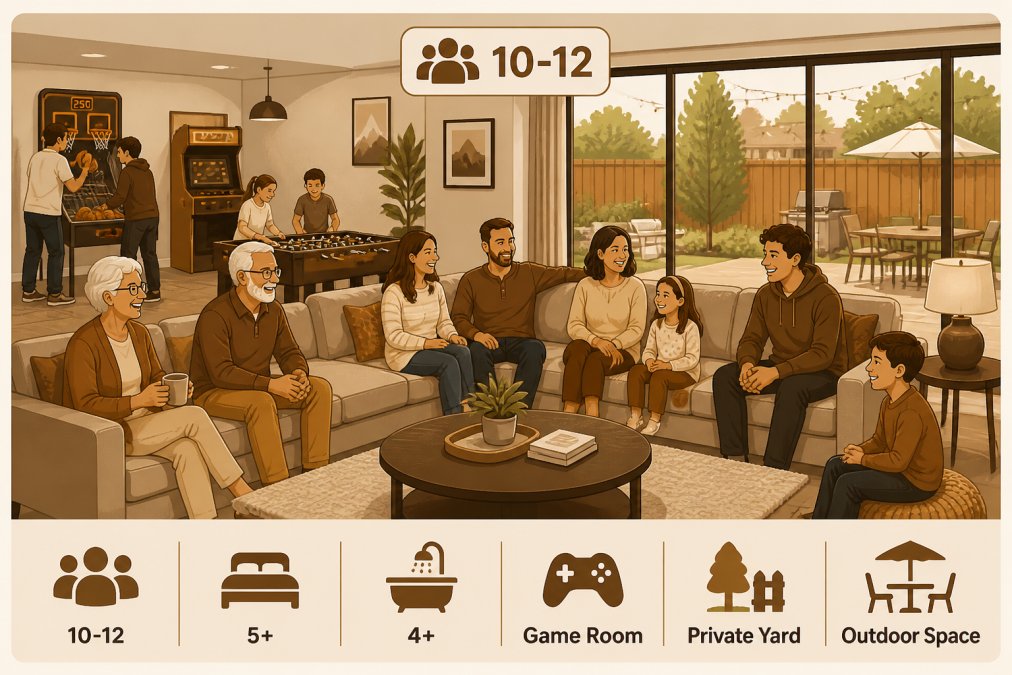 Multi-generational family of 10-12 people gathered in a spacious, modern living room with comfortable seating, a visible game room with arcade games in the background, and large windows showing a private fenced yard with outdoor furniture, everyone smiling and relaxed