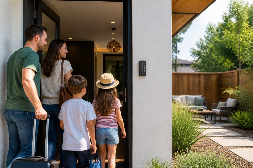 Family of four entering a modern vacation home through a contemporary self check-in keypad mounted on the door frame, with a private fenced yard visible to the side featuring outdoor furniture and landscaping, bright afternoon sunlight illuminating the contemporary home exterior and furnishings visible through the open door
