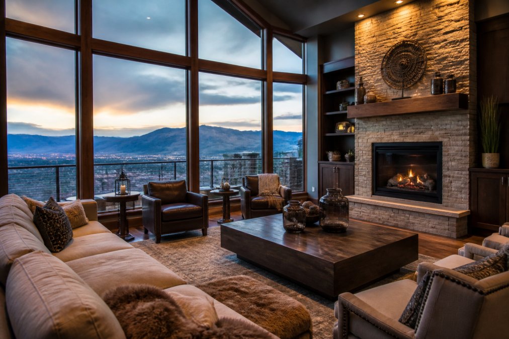 Spacious modern living room with floor-to-ceiling windows framing panoramic mountain vistas, contemporary furnishings, and a fireplace with warm ambient lighting