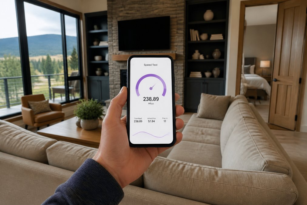 Person holding smartphone displaying WiFi speed test results on bright screen in modern vacation rental living room with large windows and comfortable seating visible