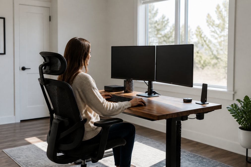 Professional working at ergonomic desk setup with dual monitors in bright, quiet vacation rental office space with natural window light and closed door visible
