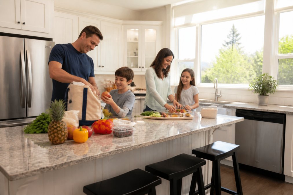Bright, modern kitchen with stainless steel appliances, granite countertops, and a family of four unpacking groceries and preparing a meal together, warm natural light streaming through large windows
