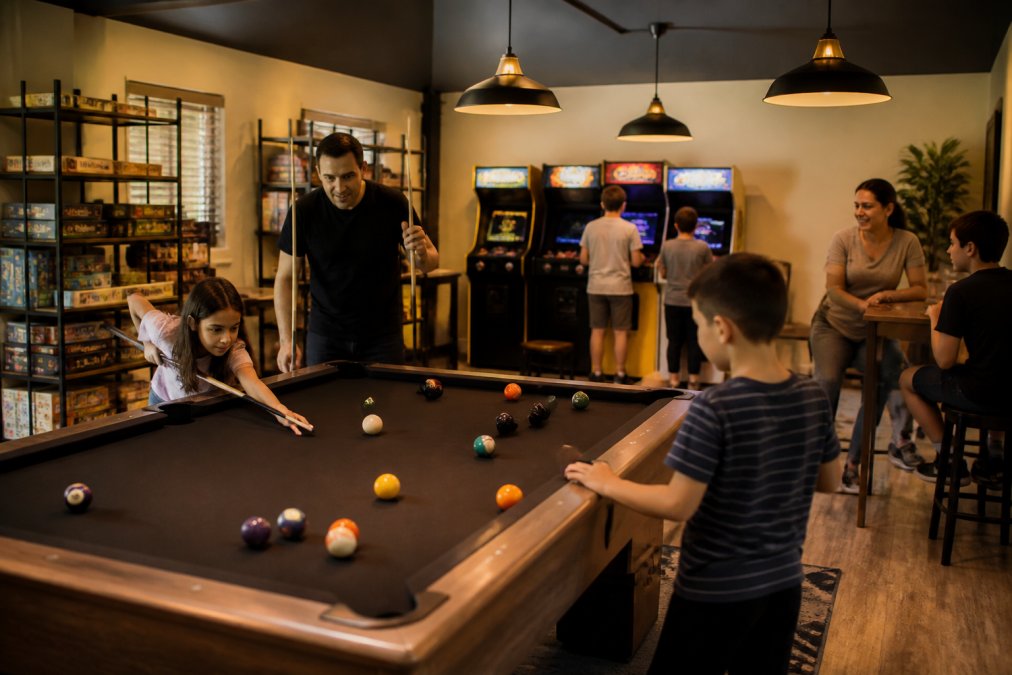 Spacious living room with game room setup featuring a pool table, vintage arcade games, and board games on shelves, with children and adults playing together, warm lighting from pendant fixtures
