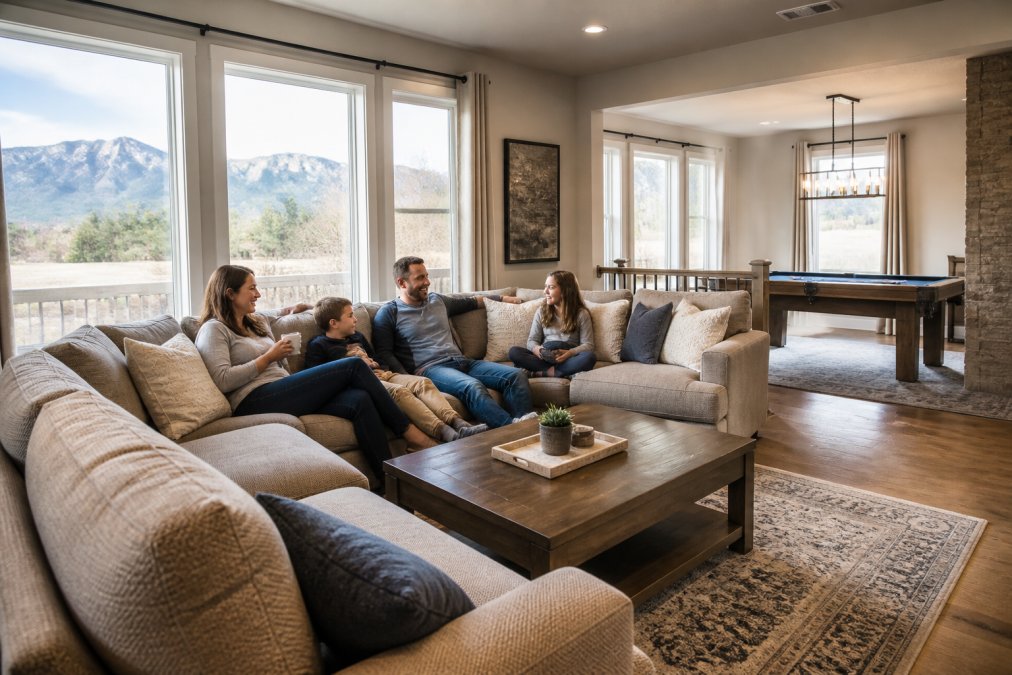 Family relaxing in spacious living room with comfortable seating, game room visible in background, modern decor, and natural lighting through large windows