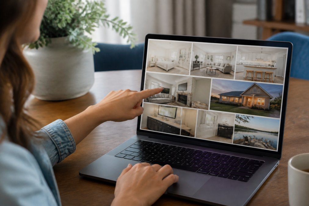 Laptop screen displaying vacation rental listing with photos being examined, hands pointing to specific details in images suggesting close inspection and verification