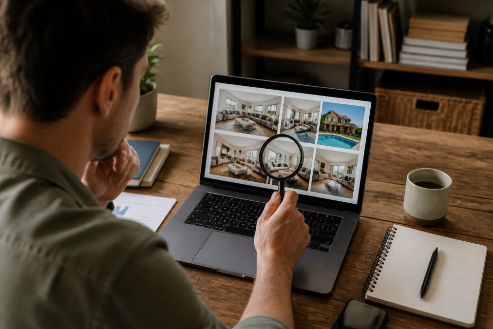 Person sitting at desk with laptop displaying vacation rental listing photos, using reverse image search tool with magnifying glass overlay suggesting detailed inspection