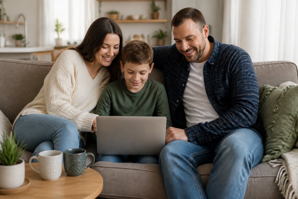 A family reviewing their laptop screen with a vacation rental booking confirmation displayed, sitting comfortably on a modern couch in a bright living room with coffee cups on the side table