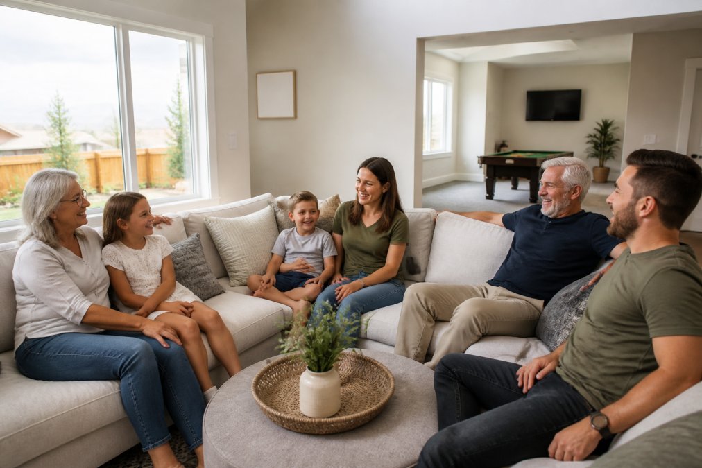 A multi-generational family enjoying a spacious vacation home with high ceilings, relaxing together in a bright living room with a view of a private yard, game room visible through an open doorway in the background, all smiling and comfortable