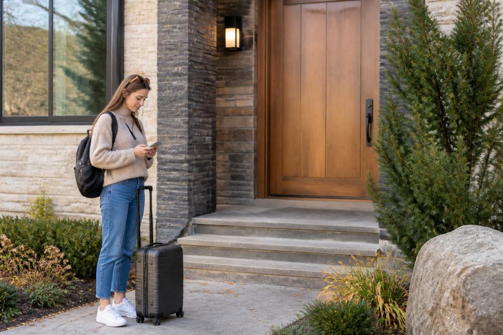 A guest arriving at a vacation rental home, checking their smartphone for check-in instructions while standing at the front door with luggage