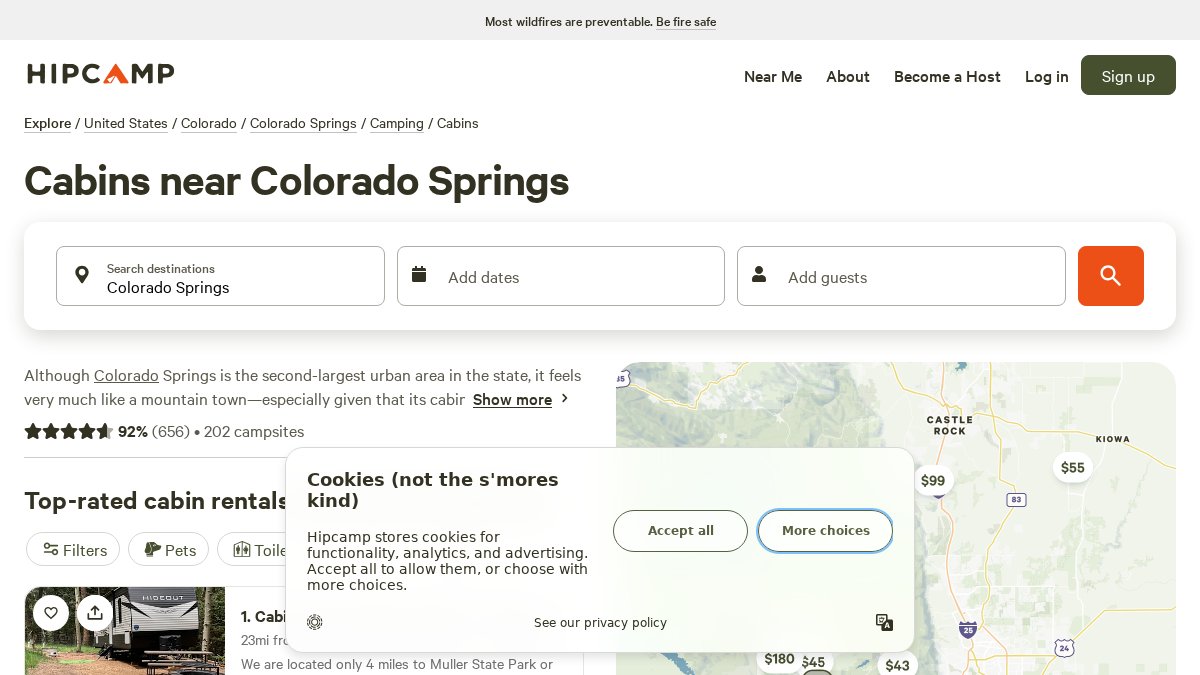 Screenshot of Cabins page on hipcamp.com