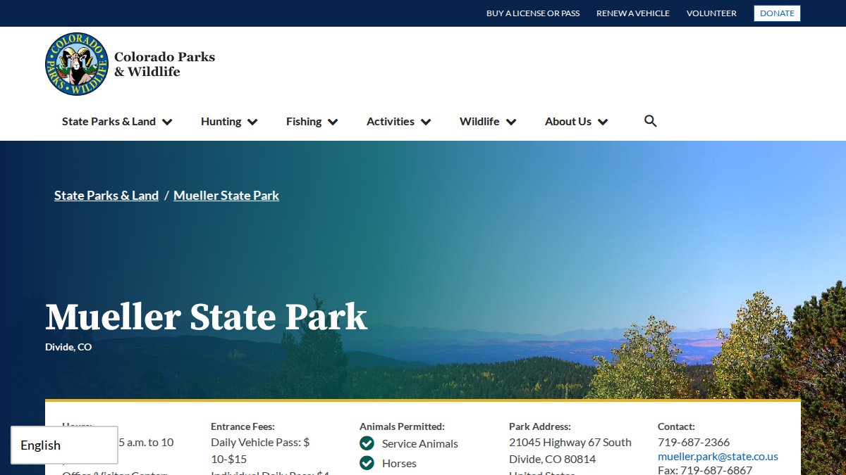 Screenshot of Mueller page on cpw.state.co.us