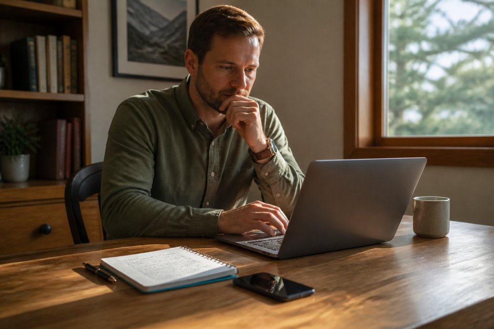 Traveler at a wooden desk with a laptop and notes to learn how to negotiate lower vacation rental rates professionally.