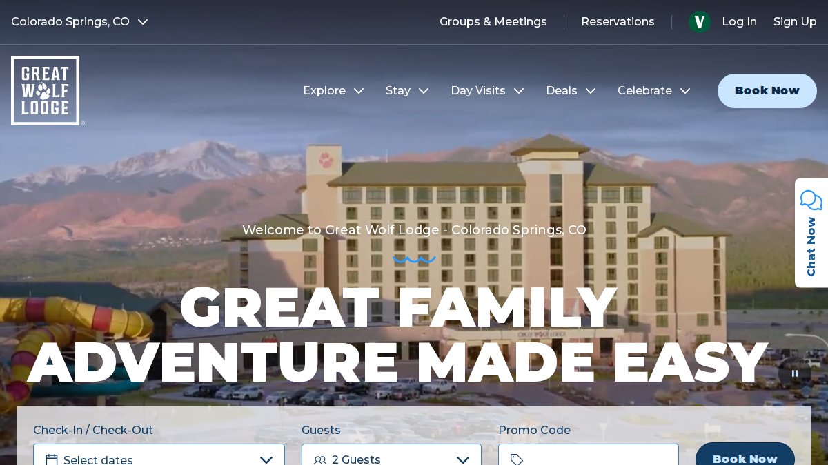 Screenshot of Colorado Springs page on greatwolf.com