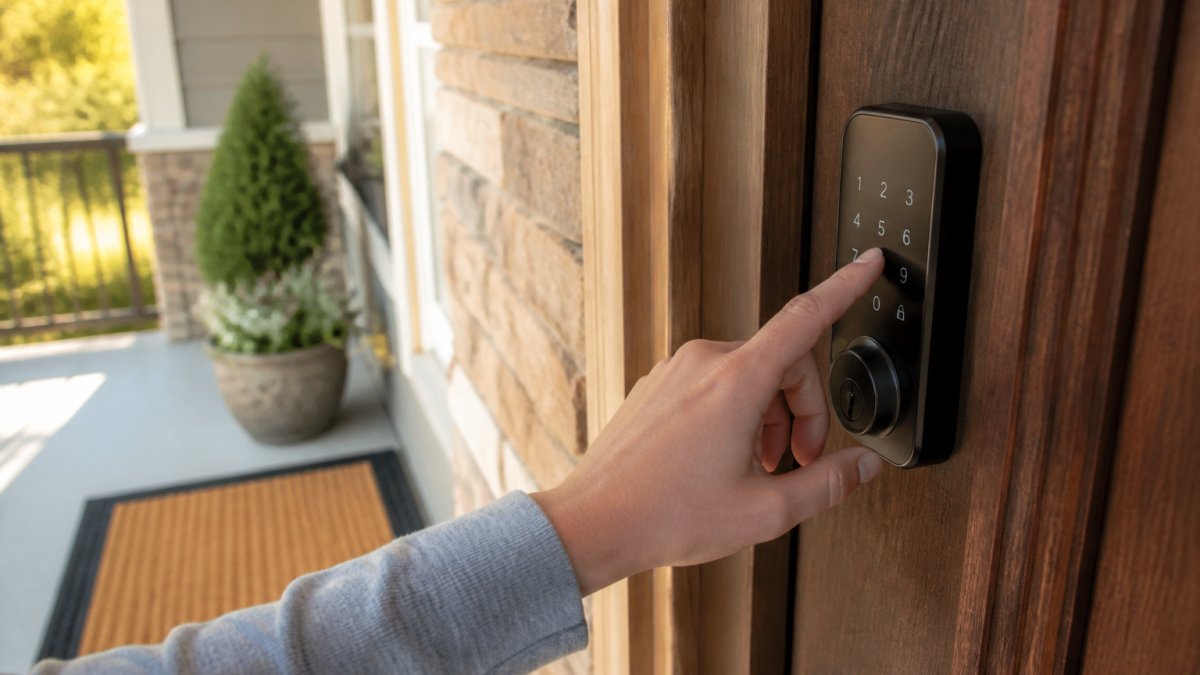 Close-up of a person's hand entering a code on a smart lock keypad mounted on a vacation rental front door, with a welcome mat and porch in soft daylight