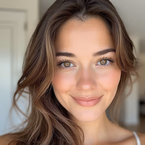 Close-up portrait of a smiling woman with long brown hair and hazel eyes in natural indoor lighting.