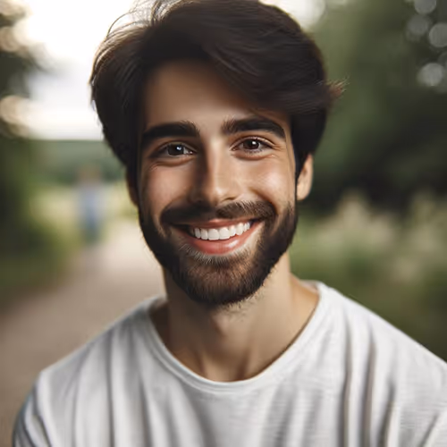 Smiling young man with dark hair and beard wearing a white shirt outdoors.