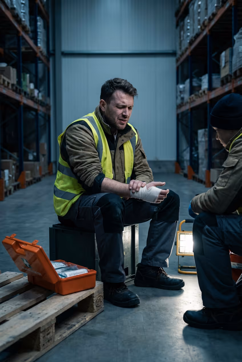 Injured warehouse worker wearing a high-visibility vest sits on a crate holding his bandaged wrist, with a first aid kit and a coworker nearby.