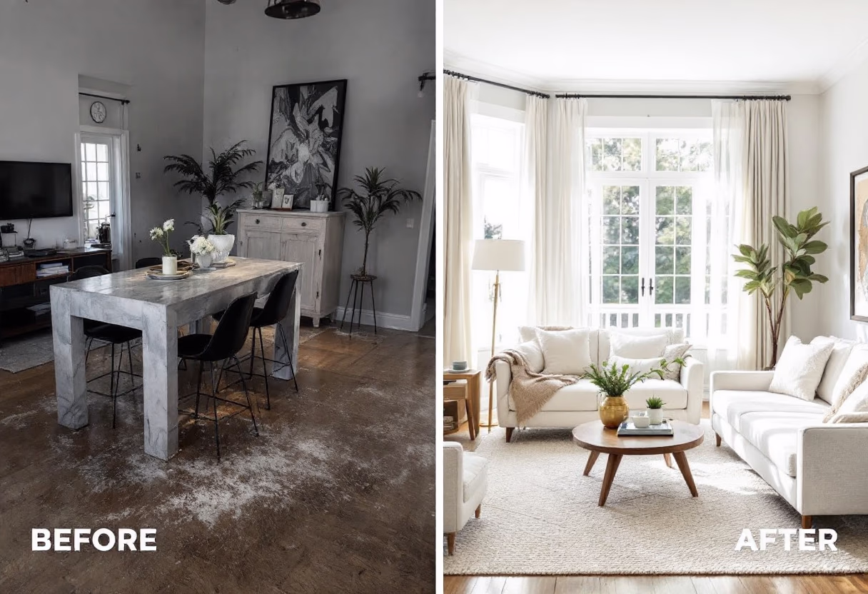 image of before and after cleaning in a living room