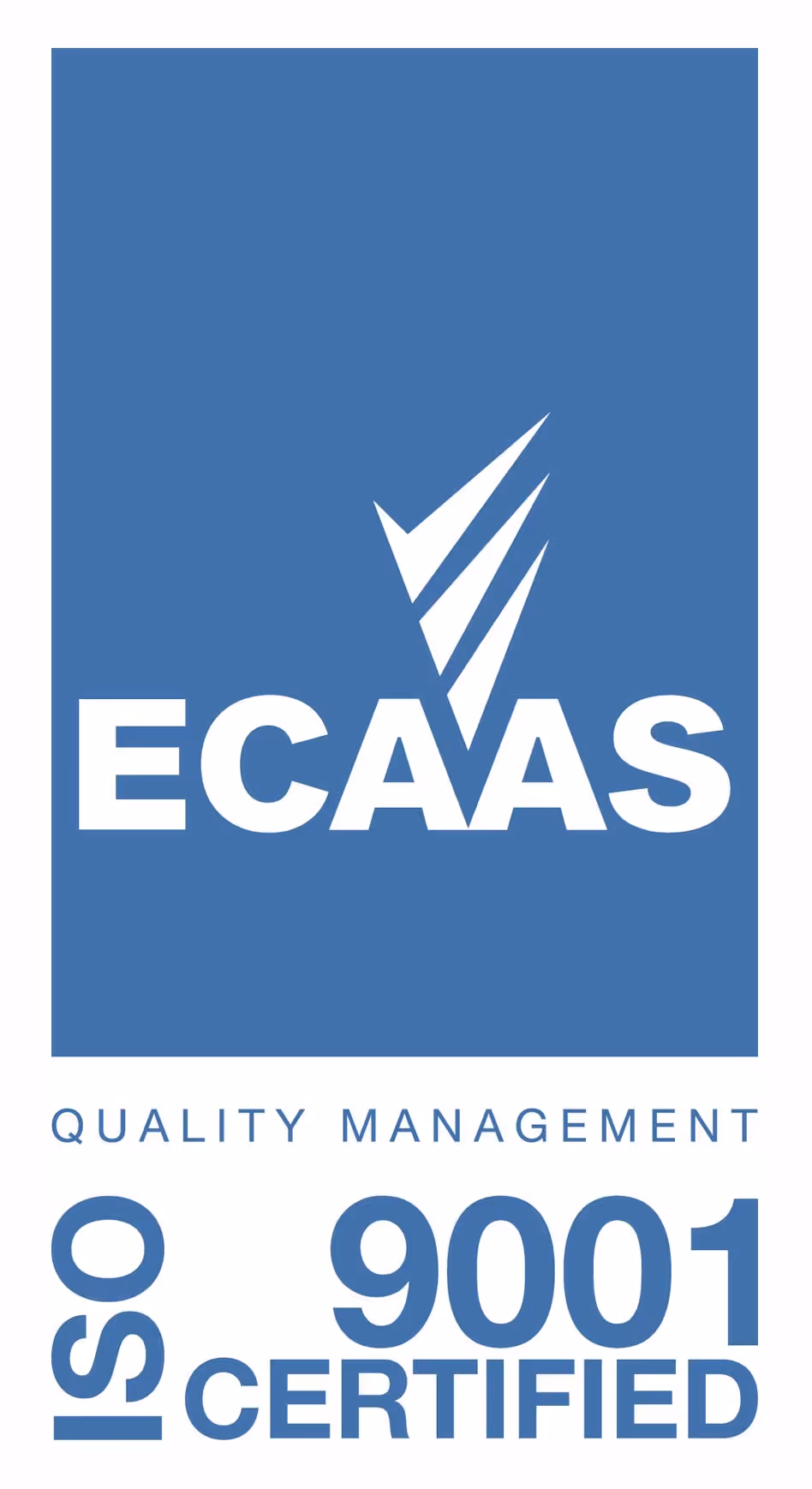 ECAAS logo with a checkmark and text stating ISO 9001 Quality Management Certified.