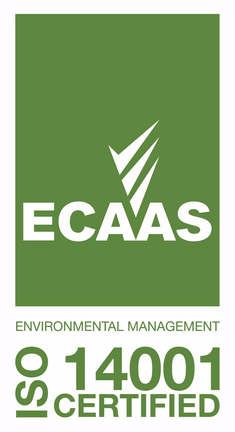 Green ECAAS logo with Environmental Management ISO 14001 Certified text.