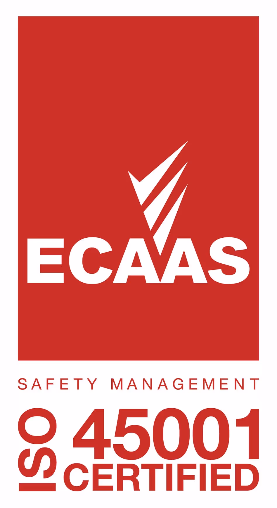 ECAAS logo with text Safety Management ISO 45001 Certified in red and white.