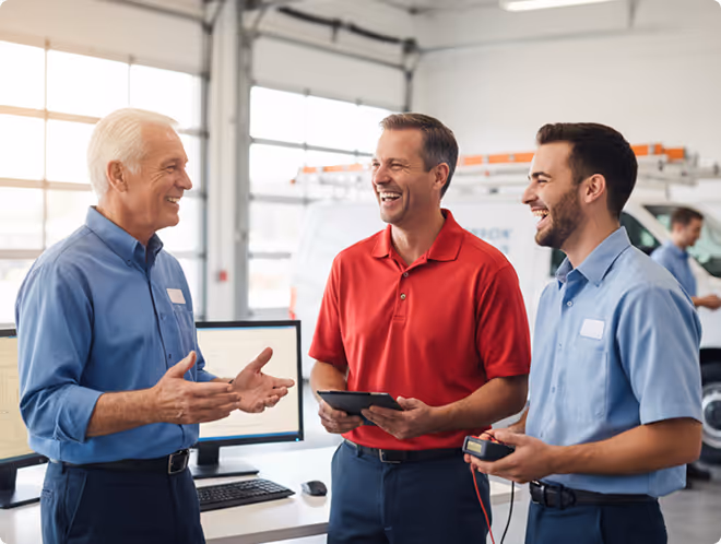 Three male technicians in a workshop smiling and talking, one holding a tablet and another holding a measuring device.