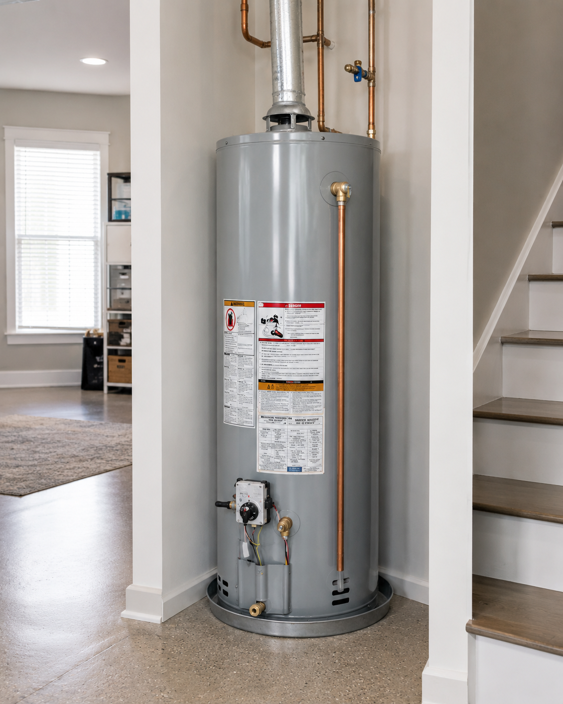 Grey gas water heater installed in a residential alcove with copper piping and drip pan