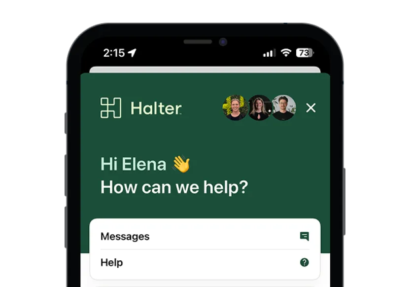 A phone screen displaying a Halter support chat interface, greeting the user with “Hi Elena 👋 How can we help?”