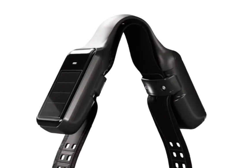 Product photo of a black Halter smart collar, showing its curved shape and solar panel.