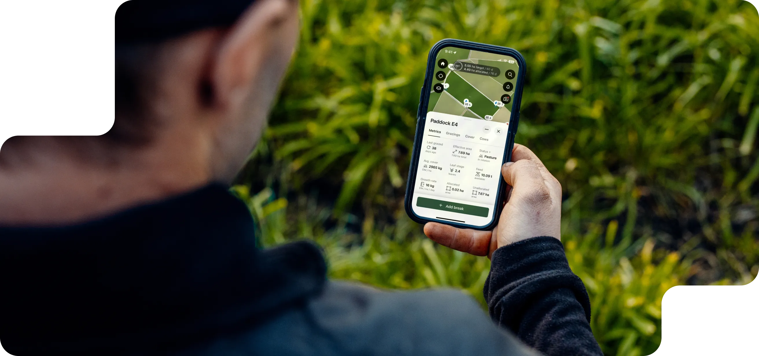 A farmer holds a smartphone displaying the Halter app with pasture data for Paddock E4, showing grazing metrics and a field map, with green grass in the background.