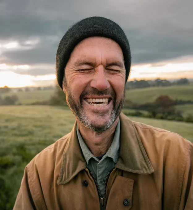 Close-up of a farmer laughing with his eyes closed, wearing a black beanie and brown jacket, standing outdoors in a green rural landscape at sunrise or sunset.