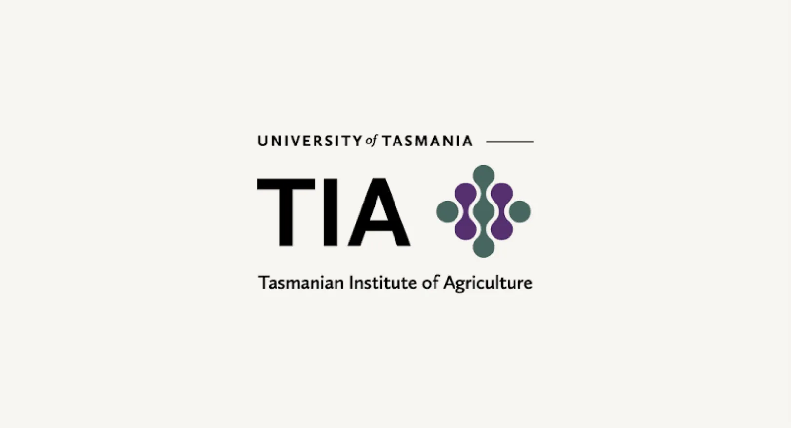 Logo for the Tasmanian Institute of Agriculture (TIA), part of the University of Tasmania. The design features bold black text and a geometric abstract icon made of purple and green shapes.
