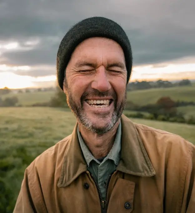 A male farmer in a beanie and brown jacket laughs with his eyes closed, standing in a grassy field with a scenic countryside behind him.
