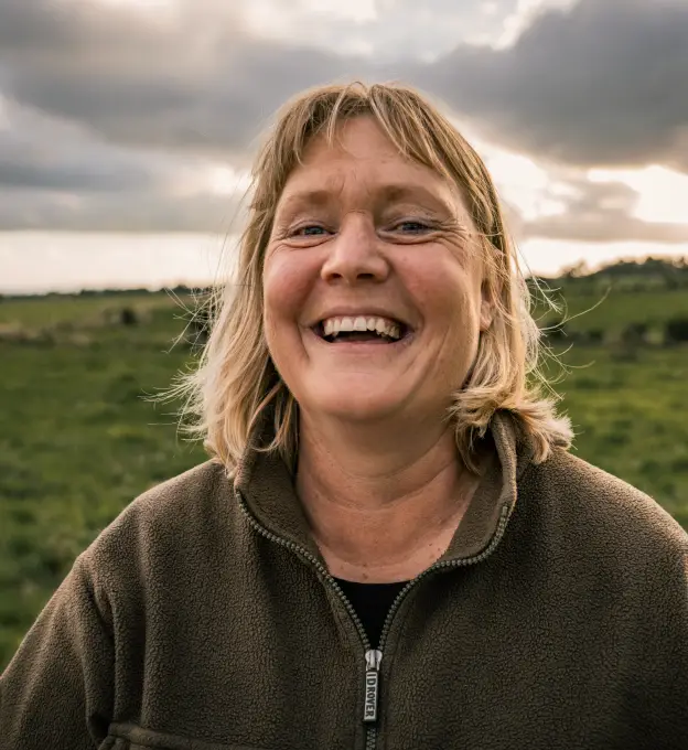 A female Halter farmer in an olive fleece jacket smiles while standing outdoors in an open grassy landscape under a cloudy sky.