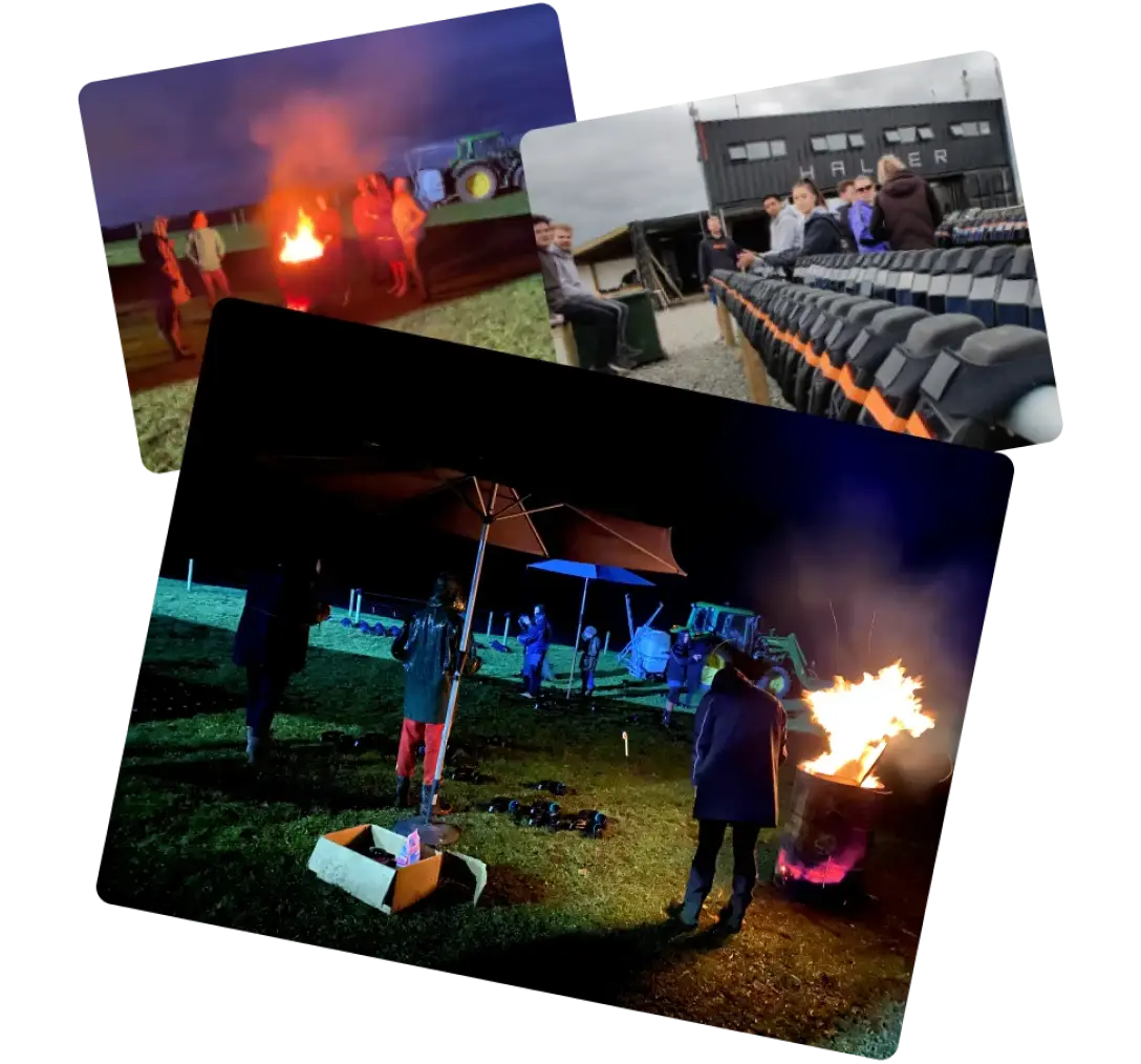 A collage of Halter team culture: nighttime gatherings around bonfires, team members assembling halter collars outside the Halter building, and a relaxed outdoor team event under umbrellas with glowing light.