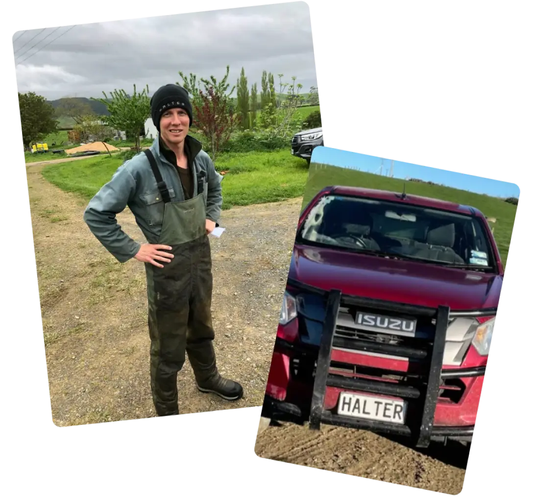 A collage featuring a Halter farmer in muddy coveralls stands on a farm dirt road, and a red Isuzu utility vehicle with a license plate reading “HALTER.”