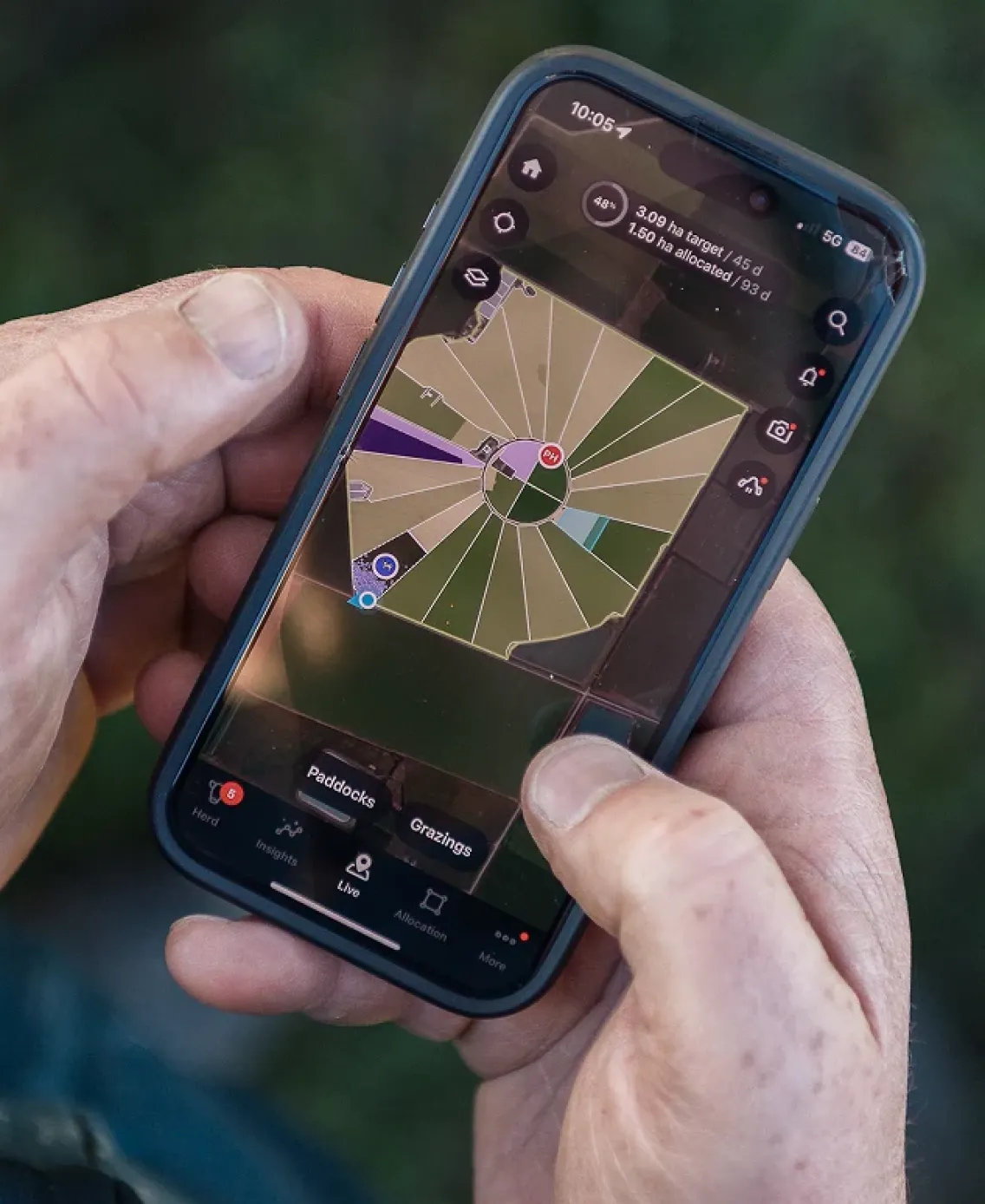 A farmer holds a smartphone showing a paddock grazing map with live allocation data using the Halter mobile app.