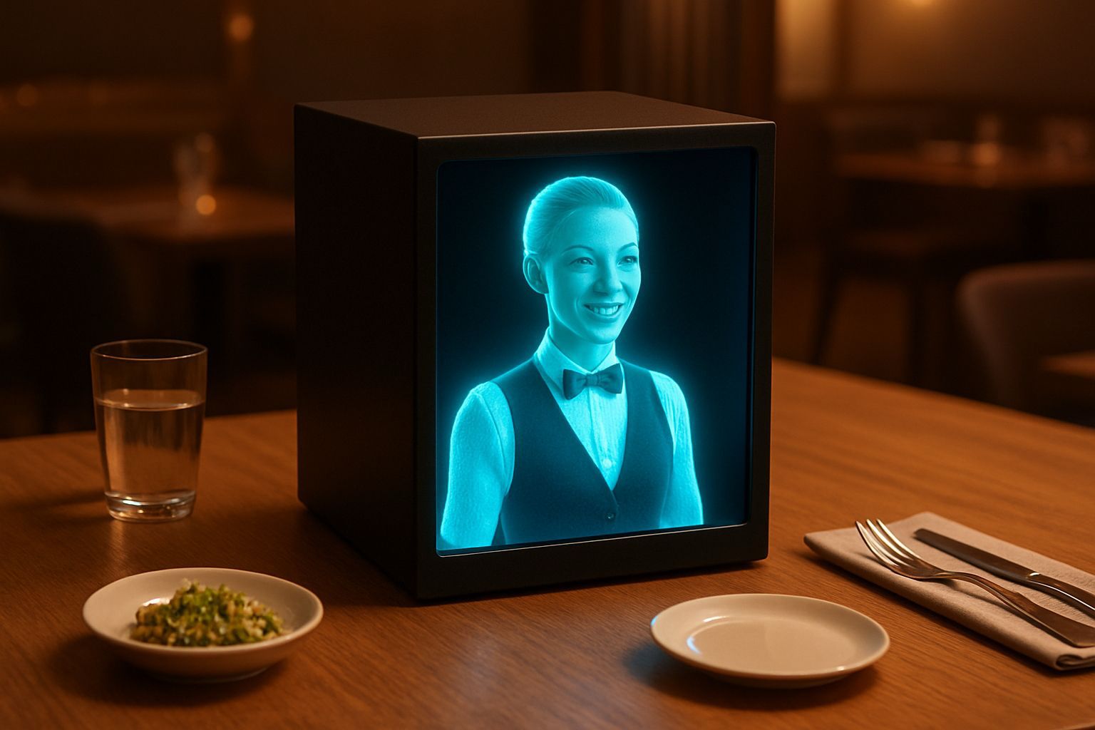 Holomate prototype - a hologram avatar girl acting as a waiter inside a black box, which is placed on a dining table