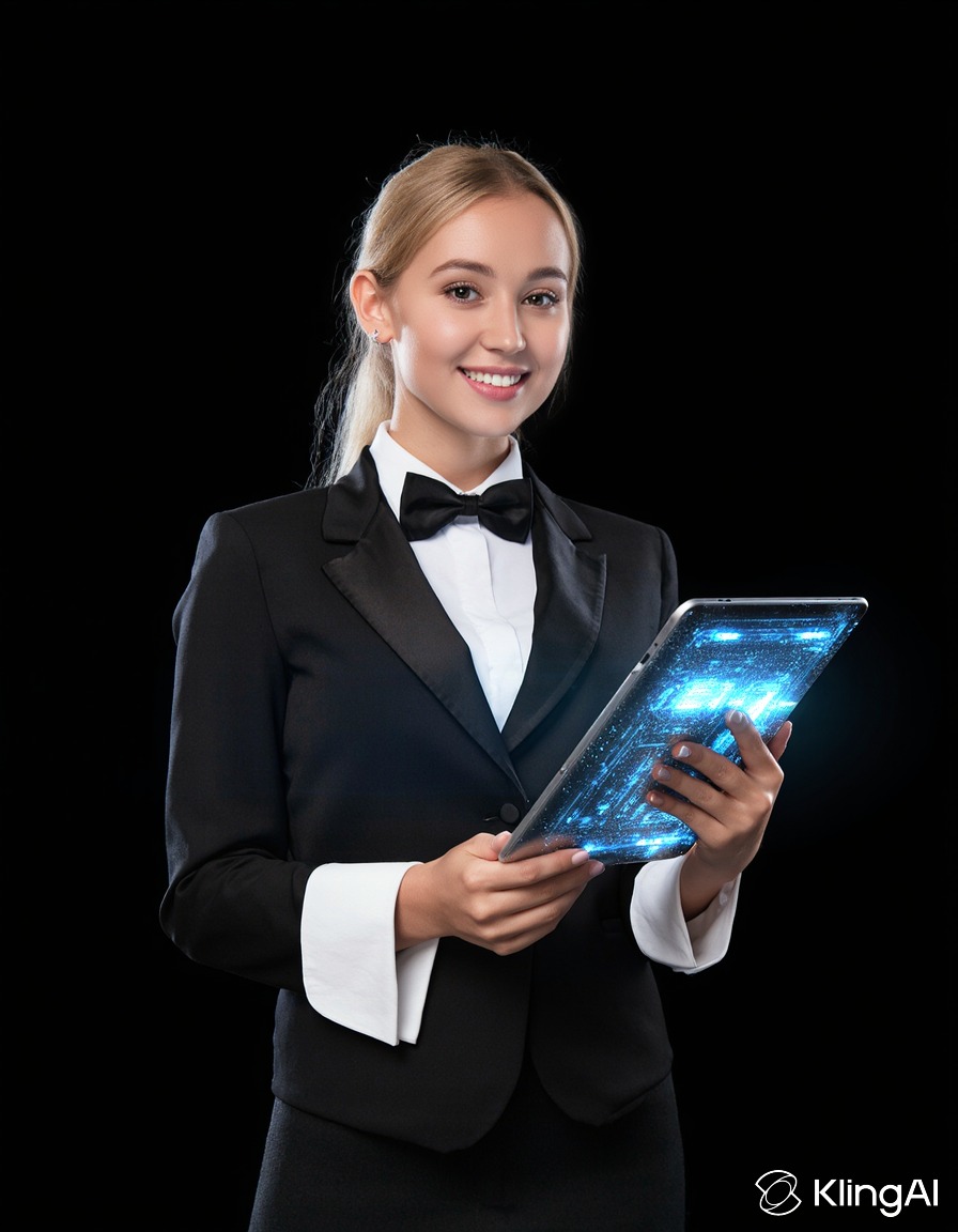 a waiter smiling and holding a ipad, noting the orders