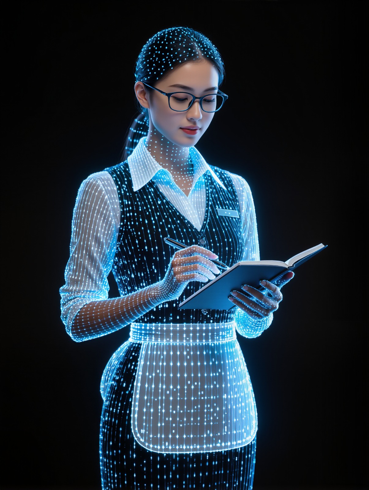 a hologram avatar waiter lady taking orders in a notebook