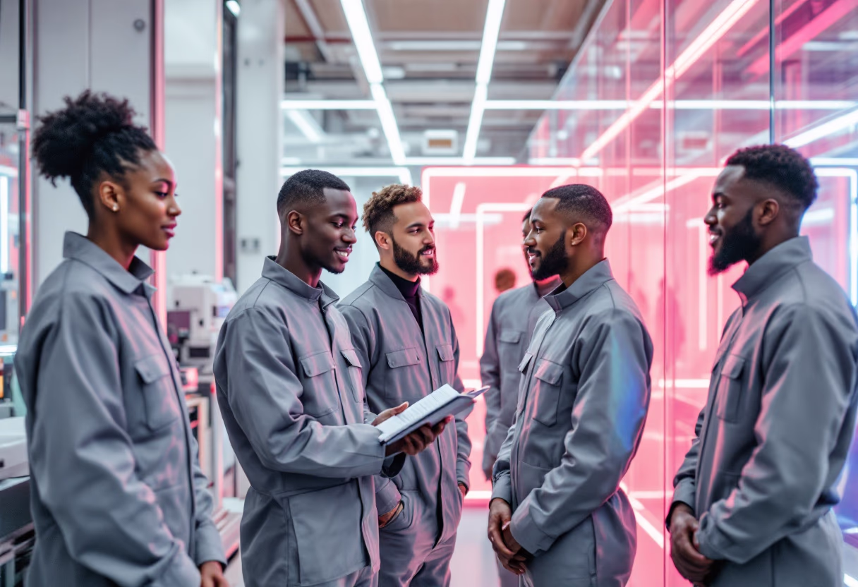 image depicting employees collaborating (for a manufacturing plant)