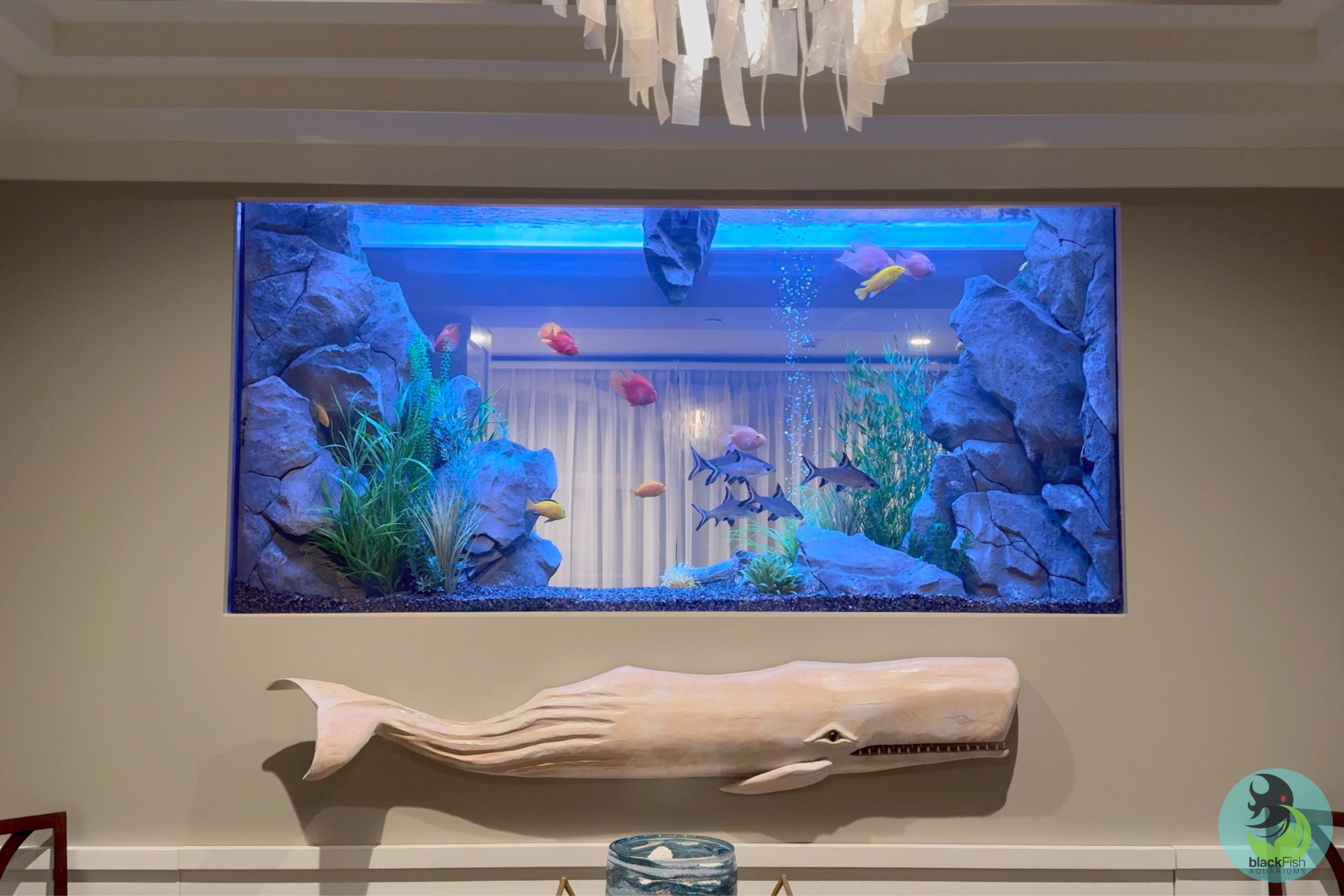 Large built-in aquarium with colorful fish and rock decorations above a mounted white whale sculpture.